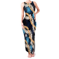 Puakenikeni Maile Lei Family Matching Tank Maxi Dress and Hawaiian Shirt Frangipani Blue Tropical Leaves LT01 Mom's Dress Blue - Polynesian Pride