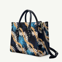 Puakenikeni Maile Lei Leather Bag Frangipani Blue Tropical Leaves