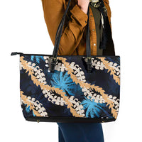 Puakenikeni Maile Lei Leather Tote Bag Frangipani Blue Tropical Leaves