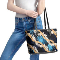 Puakenikeni Maile Lei Leather Tote Bag Frangipani Blue Tropical Leaves