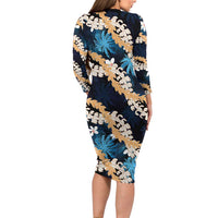 Puakenikeni Maile Lei Long Sleeve Bodycon Dress Frangipani Blue Tropical Leaves