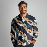 Puakenikeni Maile Lei Long Sleeve Polo Shirt Frangipani Blue Tropical Leaves