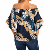 Puakenikeni Maile Lei Off Shoulder Wrap Waist Top Frangipani Blue Tropical Leaves LT01 - Polynesian Pride