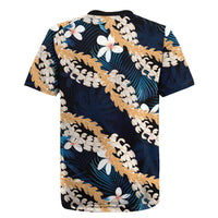 Puakenikeni Maile Lei Rugby Jersey Frangipani Blue Tropical Leaves