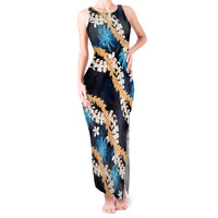 Puakenikeni Maile Lei Tank Maxi Dress Frangipani Blue Tropical Leaves
