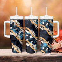 Puakenikeni Maile Lei Tumbler With Handle Frangipani Blue Tropical Leaves