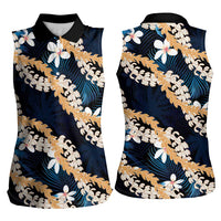 Puakenikeni Maile Lei Women Sleeveless Polo Shirt Frangipani Blue Tropical Leaves LT01 - Polynesian Pride