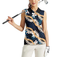 Puakenikeni Maile Lei Women Sleeveless Polo Shirt Frangipani Blue Tropical Leaves LT01 - Polynesian Pride