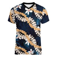Puakenikeni Maile Lei Women V-Neck T-Shirt Frangipani Blue Tropical Leaves