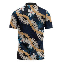 Puakenikeni Maile Lei Zipper Polo Shirt Frangipani Blue Tropical Leaves