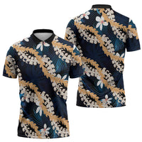 Puakenikeni Maile Lei Zipper Polo Shirt Frangipani Blue Tropical Leaves