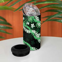 Puakenikeni Maile Lei 4 in 1 Can Cooler Tumbler Frangipani Green Tropical Leaves