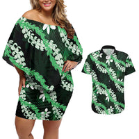 Puakenikeni Maile Lei Couples Matching Off Shoulder Short Dress and Hawaiian Shirt Frangipani Green Tropical Leaves LT01 Green - Polynesian Pride