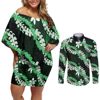 Puakenikeni Maile Lei Couples Matching Off Shoulder Short Dress and Long Sleeve Button Shirt Frangipani Green Tropical Leaves LT01 Green - Polynesian Pride