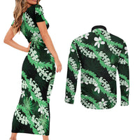 Puakenikeni Maile Lei Couples Matching Short Sleeve Bodycon Dress and Long Sleeve Button Shirt Frangipani Green Tropical Leaves LT01 - Polynesian Pride