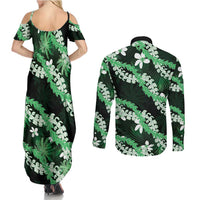 Puakenikeni Maile Lei Couples Matching Summer Maxi Dress and Long Sleeve Button Shirt Frangipani Green Tropical Leaves LT01 - Polynesian Pride