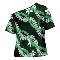 Puakenikeni Maile Lei Cross Shoulder Shirt Frangipani Green Tropical Leaves