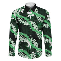 Puakenikeni Maile Lei Family Matching Off Shoulder Short Dress and Hawaiian Shirt Frangipani Green Tropical Leaves LT01 Dad's Shirt - Long Sleeve Green - Polynesian Pride