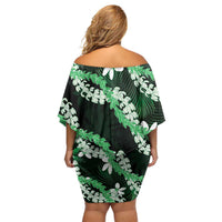 Puakenikeni Maile Lei Family Matching Off Shoulder Short Dress and Hawaiian Shirt Frangipani Green Tropical Leaves LT01 - Polynesian Pride