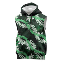 Puakenikeni Maile Lei Sleeveless Hoodie Frangipani Green Tropical Leaves