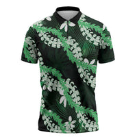 Puakenikeni Maile Lei Zipper Polo Shirt Frangipani Green Tropical Leaves