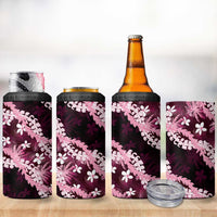 Puakenikeni Maile Lei 4 in 1 Can Cooler Tumbler Frangipani Pink Tropical Leaves