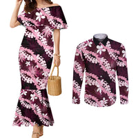 Puakenikeni Maile Lei Couples Matching Mermaid Dress and Long Sleeve Button Shirt Frangipani Pink Tropical Leaves LT01 Pink - Polynesian Pride
