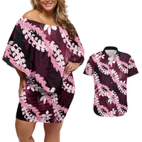 Puakenikeni Maile Lei Couples Matching Off Shoulder Short Dress and Hawaiian Shirt Frangipani Pink Tropical Leaves LT01 Pink - Polynesian Pride