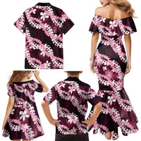 Puakenikeni Maile Lei Family Matching Mermaid Dress and Hawaiian Shirt Frangipani Pink Tropical Leaves LT01 - Polynesian Pride