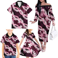 Puakenikeni Maile Lei Family Matching Off The Shoulder Long Sleeve Dress and Hawaiian Shirt Frangipani Pink Tropical Leaves LT01 - Polynesian Pride