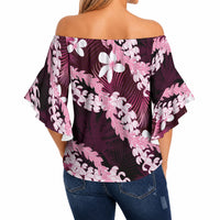 Puakenikeni Maile Lei Off Shoulder Wrap Waist Top Frangipani Pink Tropical Leaves LT01 - Polynesian Pride
