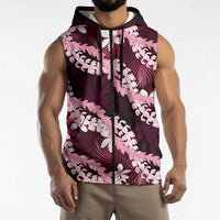 Puakenikeni Maile Lei Sleeveless Zip Hoodie Frangipani Pink Tropical Leaves