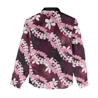 Puakenikeni Maile Lei Women Casual Shirt Frangipani Pink Tropical Leaves