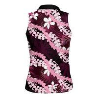 Puakenikeni Maile Lei Women Sleeveless Polo Shirt Frangipani Pink Tropical Leaves LT01 - Polynesian Pride