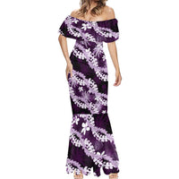 Puakenikeni Maile Lei Mermaid Dress Frangipani Purple Tropical Leaves