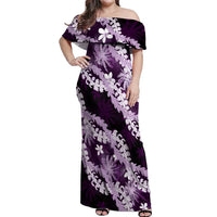 Puakenikeni Maile Lei Off Shoulder Maxi Dress Frangipani Purple Tropical Leaves