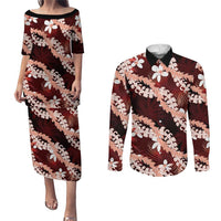 Puakenikeni Maile Lei Couples Matching Puletasi and Long Sleeve Button Shirt Frangipani Red Tropical Leaves