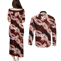Puakenikeni Maile Lei Couples Matching Puletasi and Long Sleeve Button Shirt Frangipani Red Tropical Leaves