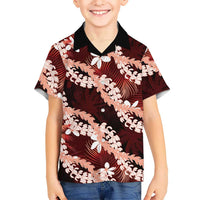 Puakenikeni Maile Lei Family Matching Off Shoulder Short Dress and Hawaiian Shirt Frangipani Red Tropical Leaves LT01 Son's Shirt Red - Polynesian Pride