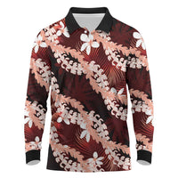 Puakenikeni Maile Lei Long Sleeve Polo Shirt Frangipani Red Tropical Leaves