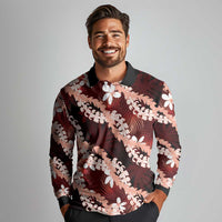 Puakenikeni Maile Lei Long Sleeve Polo Shirt Frangipani Red Tropical Leaves