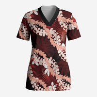 Puakenikeni Maile Lei Scrub Top Frangipani Red Tropical Leaves