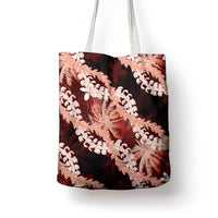 Puakenikeni Maile Lei Tote Bag Frangipani Red Tropical Leaves