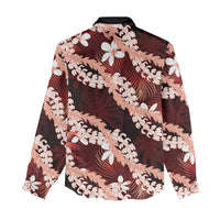 Puakenikeni Maile Lei Women Casual Shirt Frangipani Red Tropical Leaves