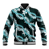 Puakenikeni Maile Lei Baseball Jacket Frangipani Turquoise Tropical Leaves