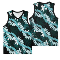 Puakenikeni Maile Lei Basketball Jersey Frangipani Turquoise Tropical Leaves