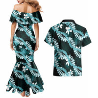 Puakenikeni Maile Lei Couples Matching Mermaid Dress and Hawaiian Shirt Frangipani Turquoise Tropical Leaves LT01 - Polynesian Pride