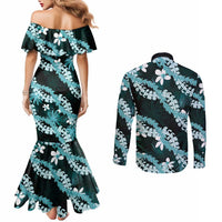 Puakenikeni Maile Lei Couples Matching Mermaid Dress and Long Sleeve Button Shirt Frangipani Turquoise Tropical Leaves LT01 - Polynesian Pride