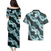 Puakenikeni Maile Lei Couples Matching Puletasi and Hawaiian Shirt Frangipani Turquoise Tropical Leaves LT01 - Polynesian Pride