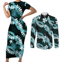 Puakenikeni Maile Lei Couples Matching Short Sleeve Bodycon Dress and Long Sleeve Button Shirt Frangipani Turquoise Tropical Leaves LT01 Turquoise - Polynesian Pride